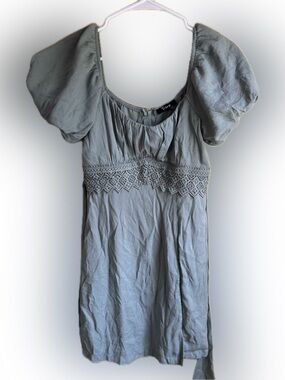 Light Sage Green Puff Sleeve Embroidered Waist Dress